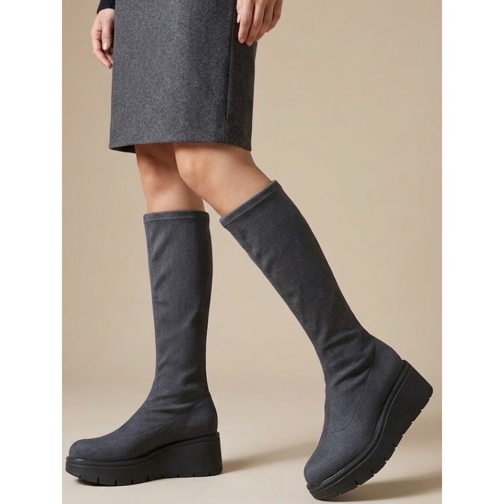 La Canadienne Gray Stretch Fabric Platform Wedge Knee High Boots Size 9M